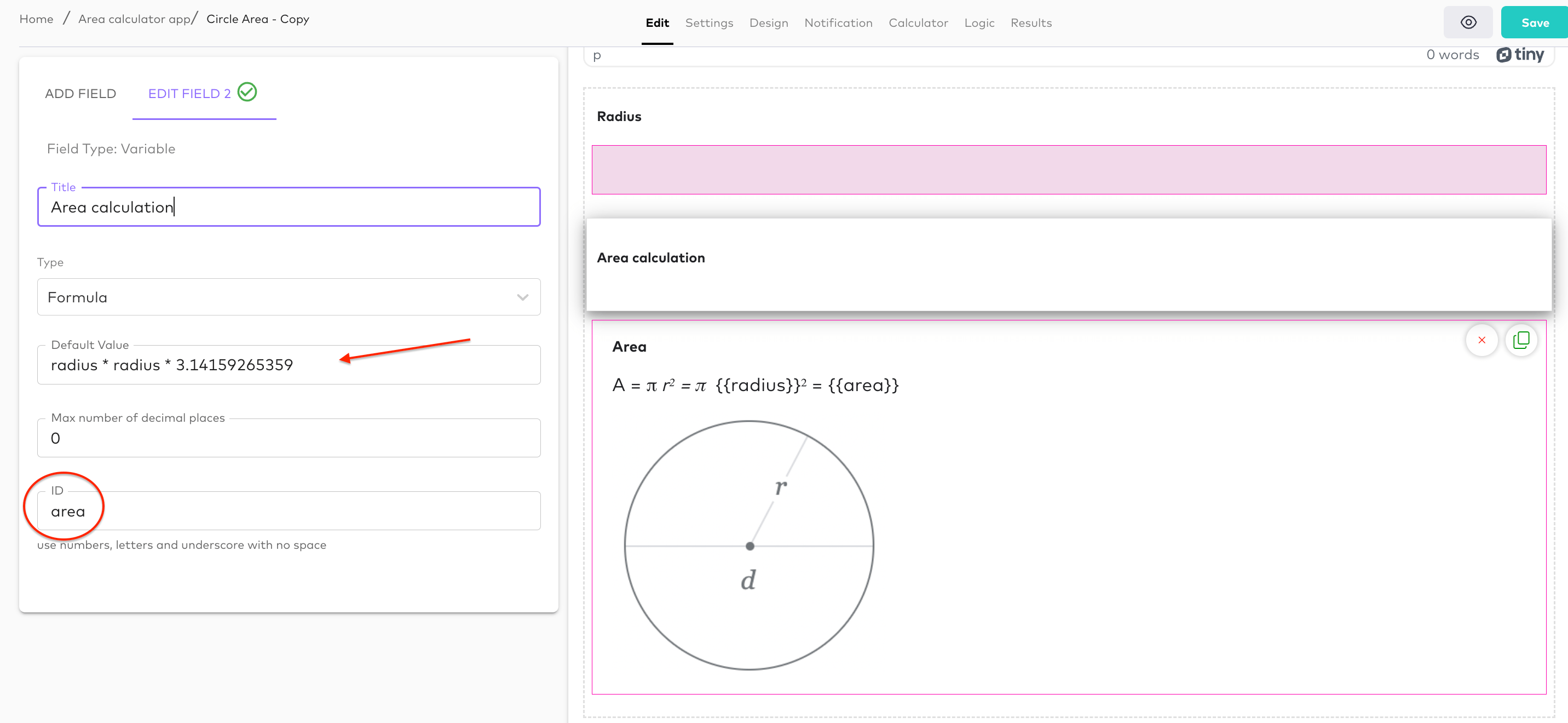 circle area calculation