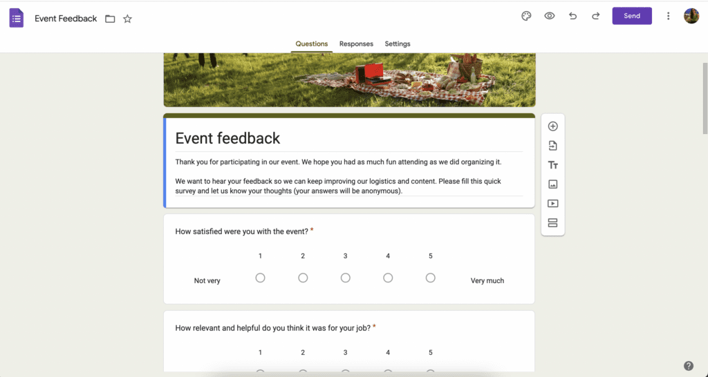 Event feedback survey in Google Forms 