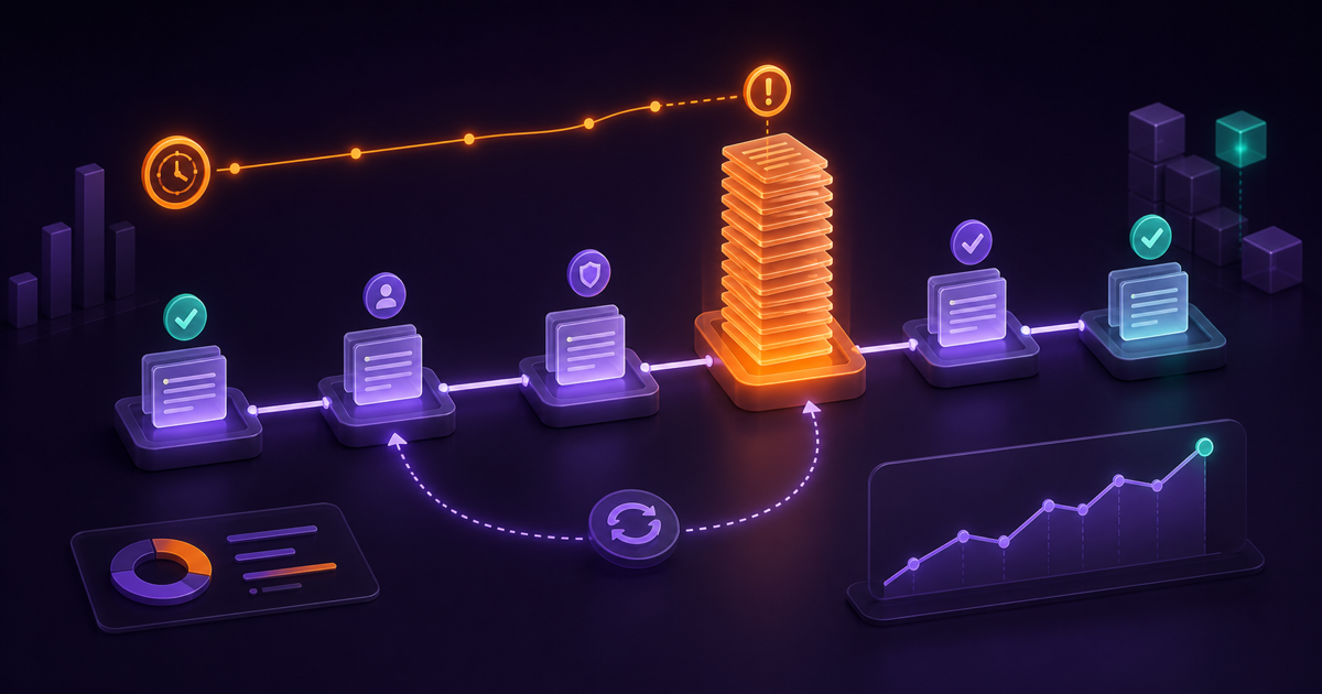 Approval workflow dashboard showing cycle time, a queue bottleneck, a rework loop, SLA risk, and completion trend