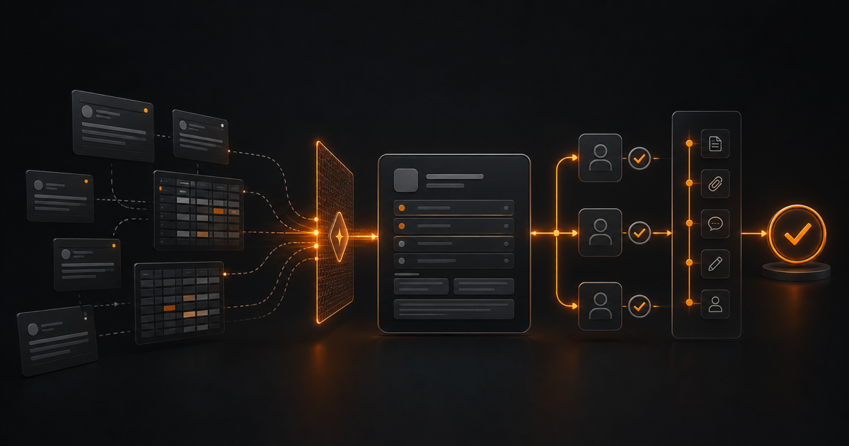 Email threads and spreadsheet approval rows converging into one governed workflow with routing, evidence, and a final decision.