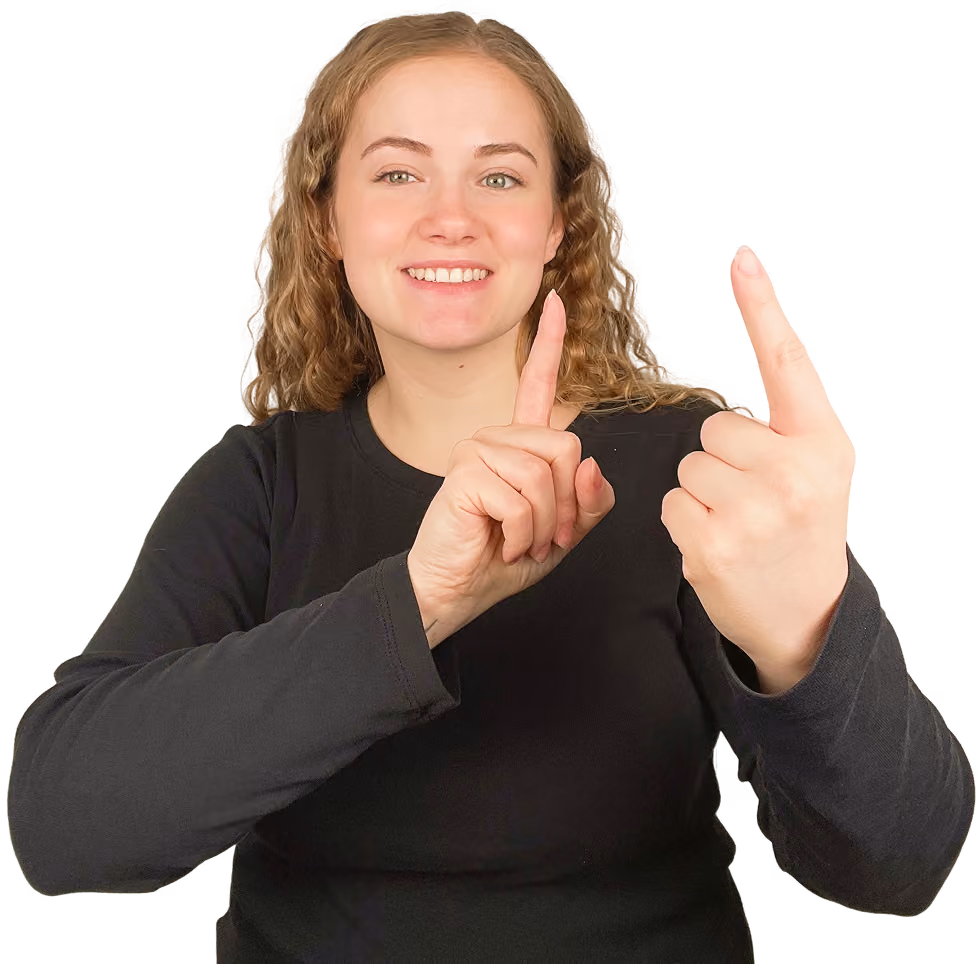 Smiling woman with curly hair wearing black points both index fingers upward.