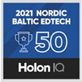 Badge for 2021 Nordic Baltic EdTech top 50 award by Holon IQ with a trophy icon.