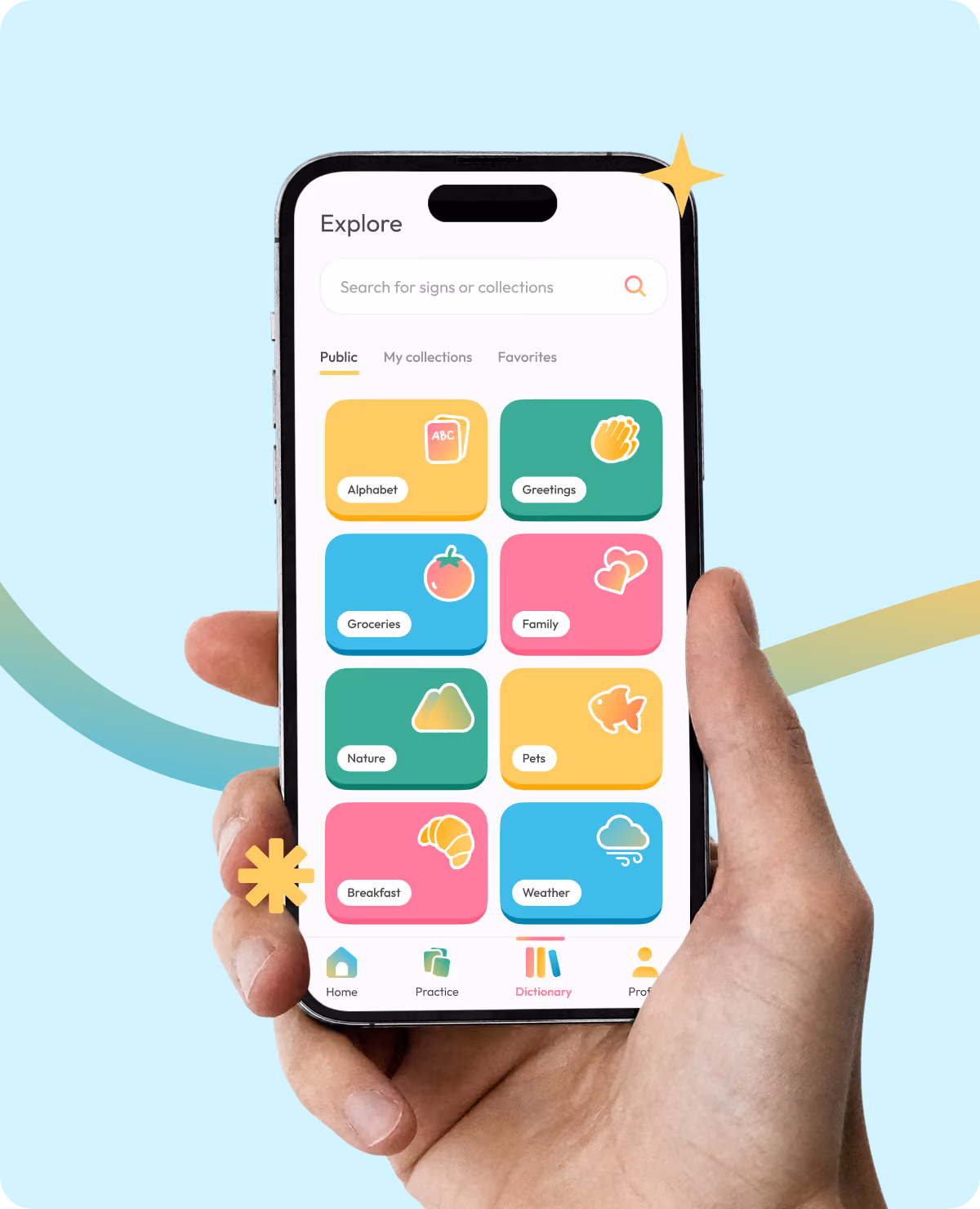 Hand holding smartphone displaying app with colorful cards for categories like Alphabet, Greetings, Groceries, and Family.