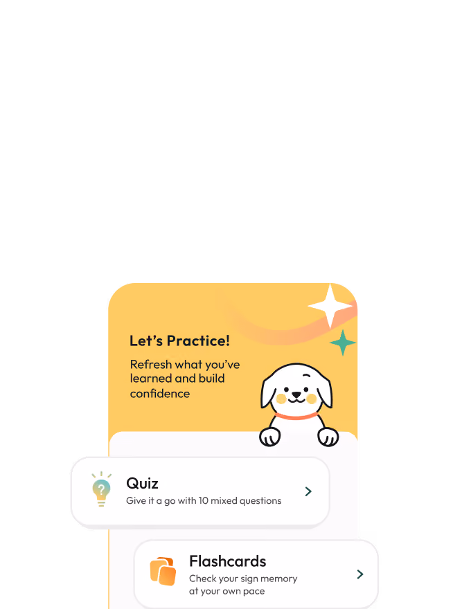 Yellow box with a smiling dog and text 'Let's Practice!'. Options for Quiz and Flashcards below.