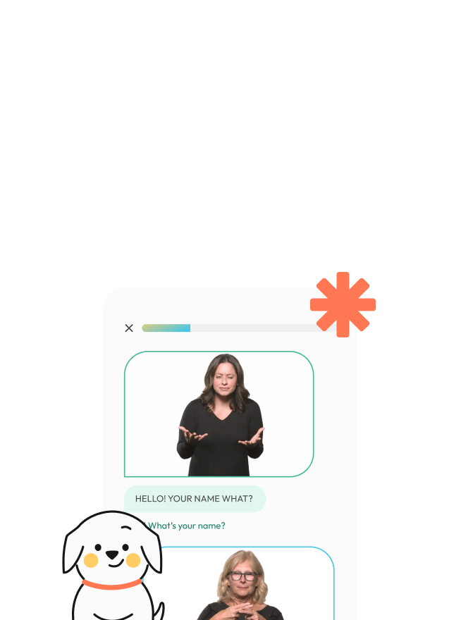 Chat interface with two sign language interpreters and a smiling cartoon dog at the bottom left.