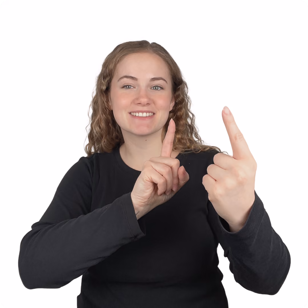 Smiling woman in black shirt holding up one finger on each hand against white background.