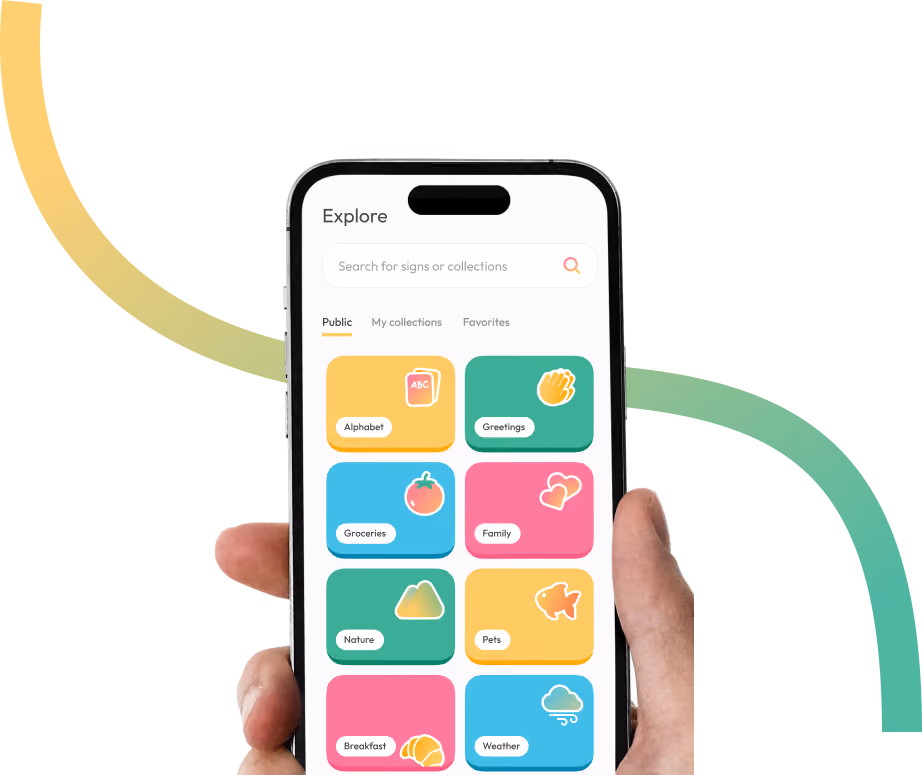 Hand holding phone showing app with categories: Alphabet, Greetings, Groceries, Family, Nature, Pets, Breakfast, Weather.