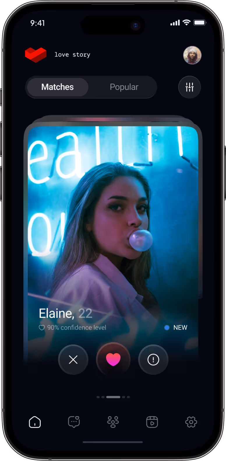 Dating app screen showing profile of Elaine, 22, blowing a bubble with gum under blue neon lights.