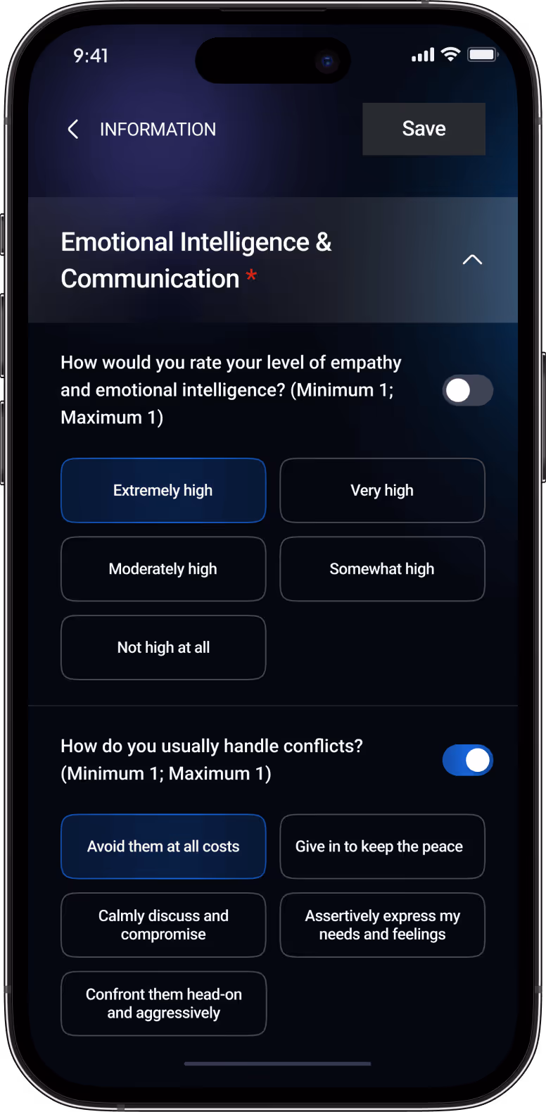 Smartphone screen showing a questionnaire on Emotional Intelligence & Communication with toggle switches and multiple-choice options for rating empathy and handling conflicts.