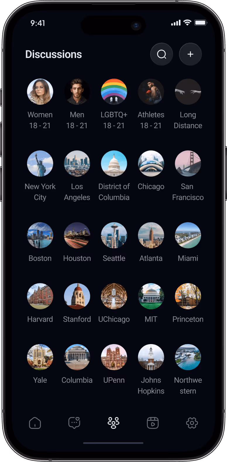 Mobile app screen showing discussion categories with circular icons for groups like Women, Men, LGBTQ+, Athletes, Long Distance, various US cities, and universities including Harvard, Stanford, MIT, and Yale.
