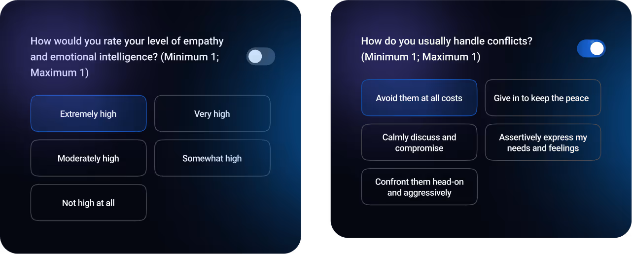 Two survey questions on dark blue background about empathy and conflict handling with toggle switches and multiple choice options.