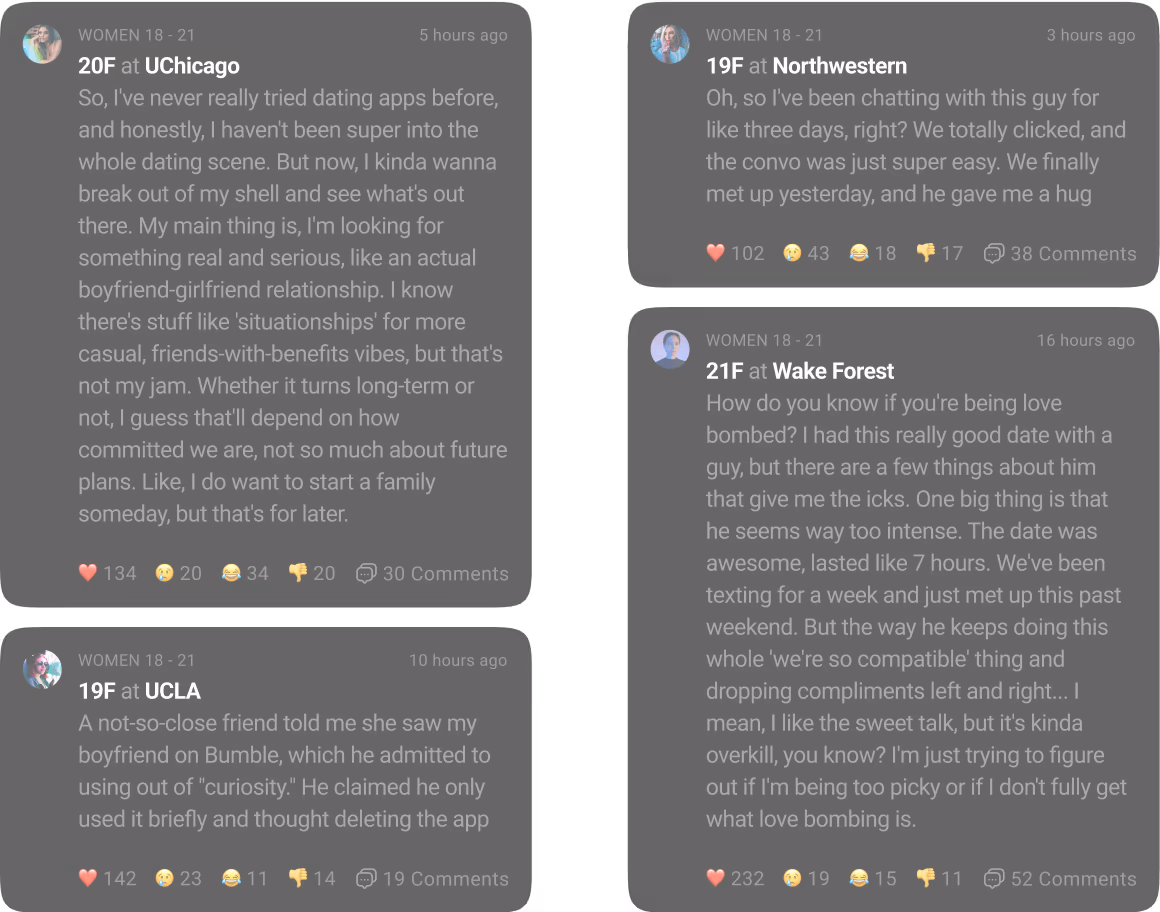Screenshots of dating app posts from women aged 18-21 sharing experiences about relationships and dating.