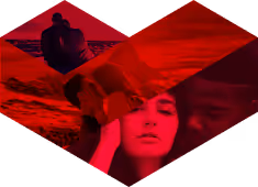 Red heart shape collage with a woman's face, a hand, and a landscape overlay.