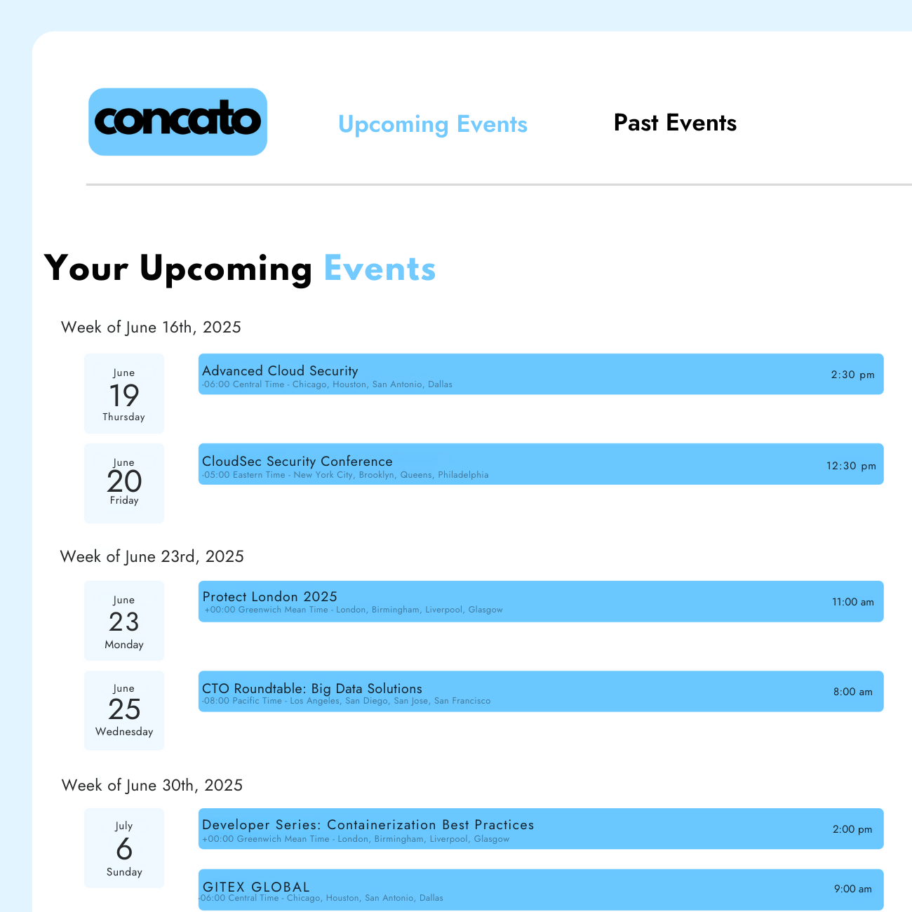 An upcoming calendar events view on Concato