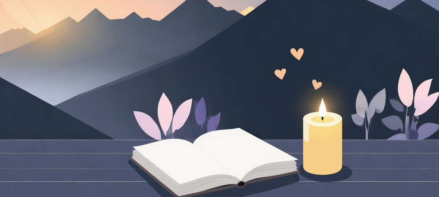 An open journal and a lit candle at dusk, with small hearts rising