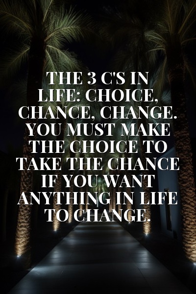 The 3 C's in life: choice, chance, change. You must make the choice to take the chance if you want anything in life to change.