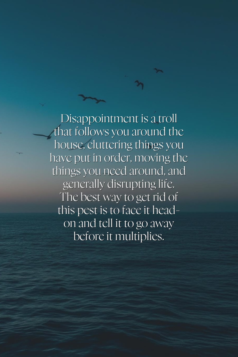 Disappointment is a troll that follows you around the house, cluttering things you have put in order, moving the things you need around, and generally disrupting life. The best way to get rid of this pest is to face it head-on and tell it to go away before it multiplies.