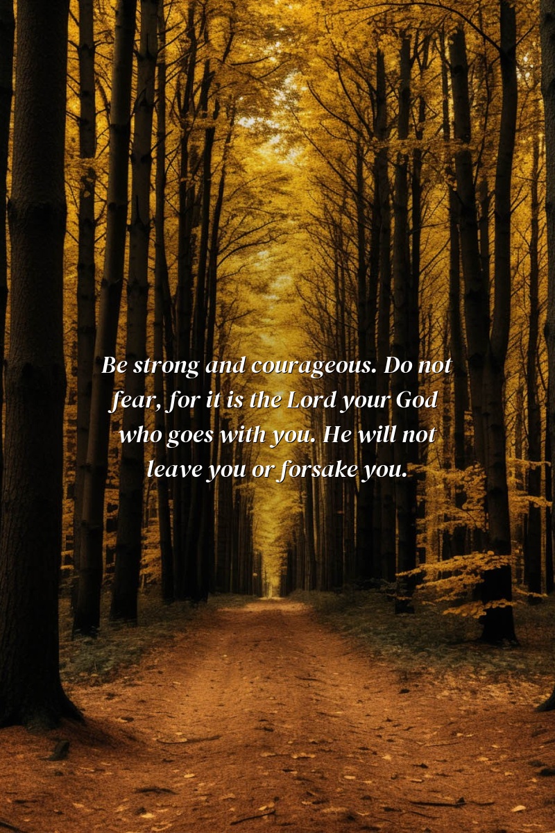 Be strong and courageous. Do not fear, for it is the Lord your God who goes with you. He will not leave you or forsake you.
