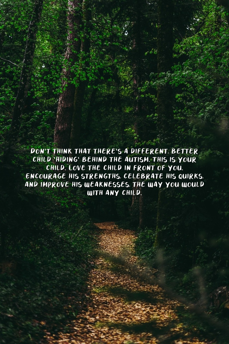 Don't think that there's a different, better child 'hiding' behind the autism. This is your child. Love the child in front of you. Encourage his strengths, celebrate his quirks, and improve his weaknesses, the way you would with any child.