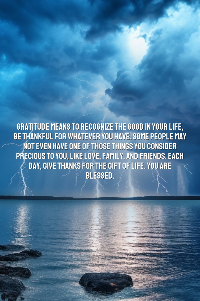 Gratitude means to recognize the good in your life, be thankful for whatever you have. Some people may not even have one of those things you consider precious to you (love, family, friends, etc.). Each day, give thanks for the gift of life. You are blessed.