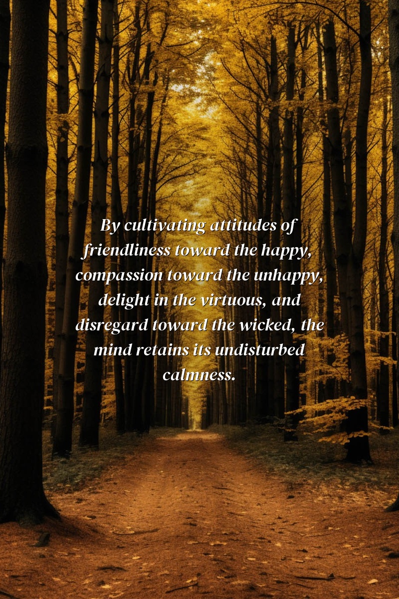 By cultivating attitudes of friendliness toward the happy, compassion toward the unhappy, delight in the virtuous, and disregard toward the wicked, the mind retains its undisturbed calmness.