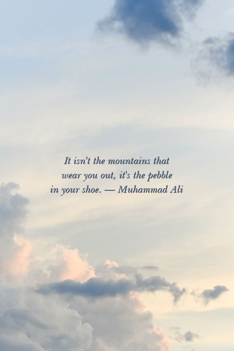 It isn't the mountains that wear you out, it's the pebble in your shoe. — Muhammad Ali