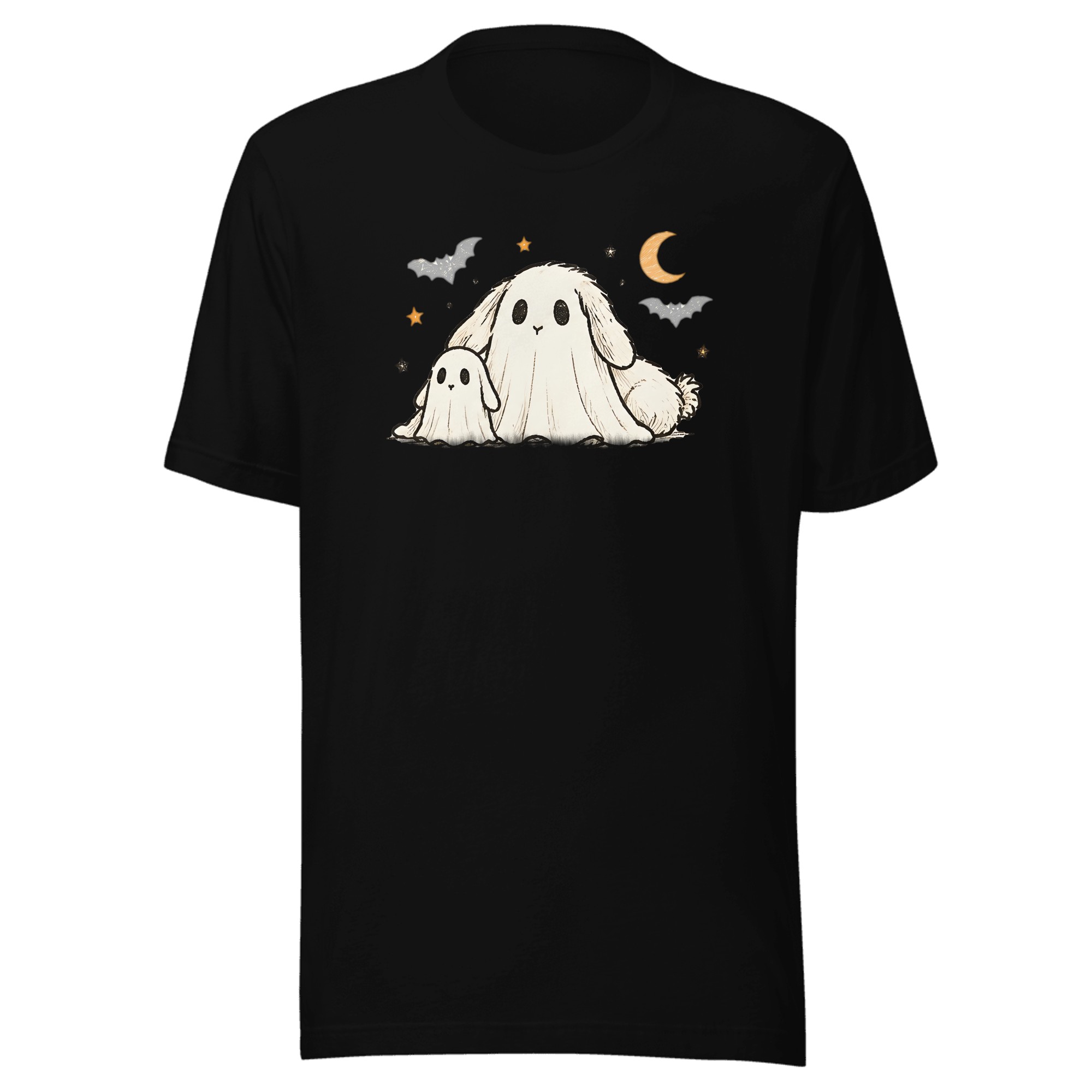 Ghost Bunny Tee on a black t-shirt