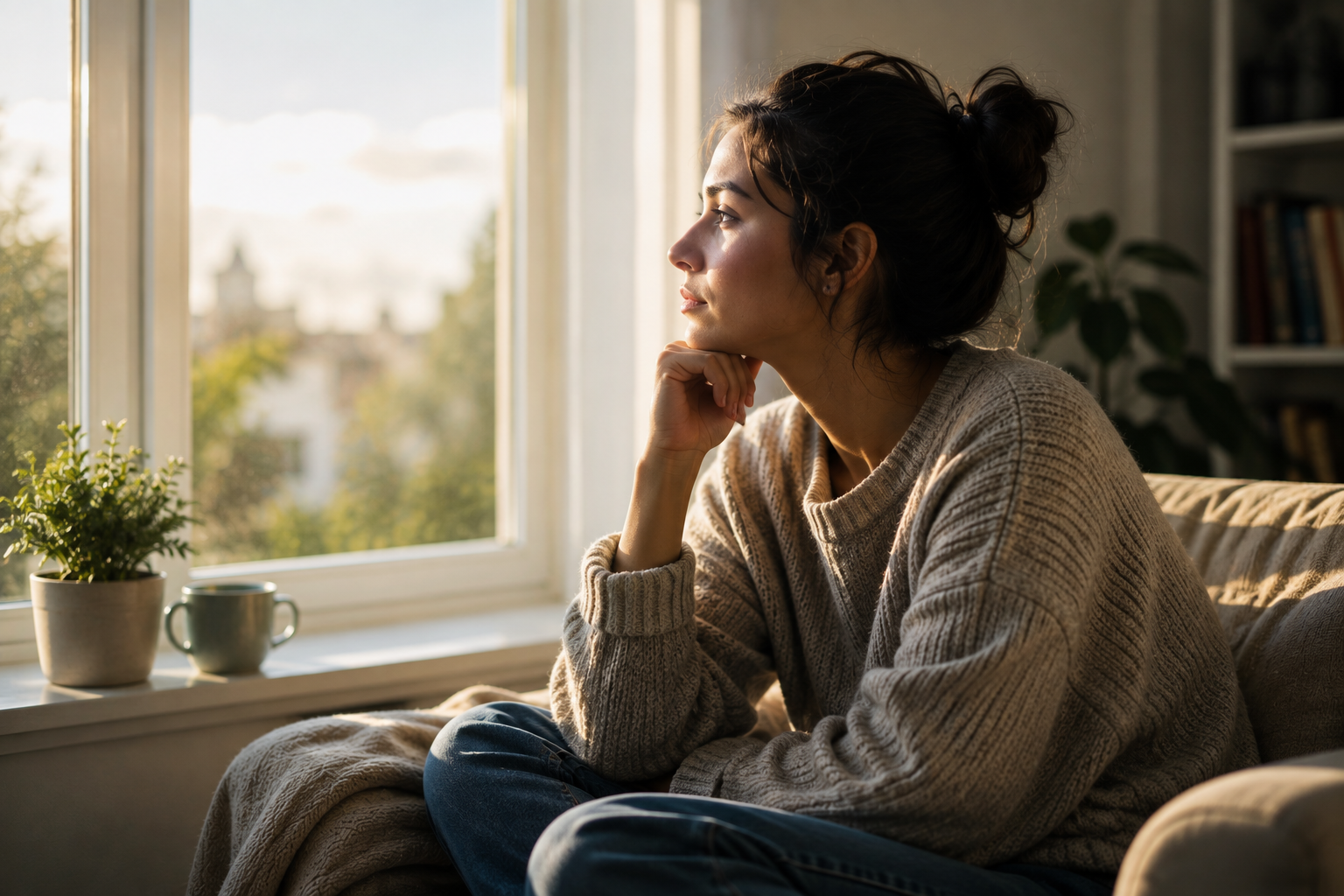 Woman sitting by a window, reflecting on fertility anxiety before planned egg freezing.
