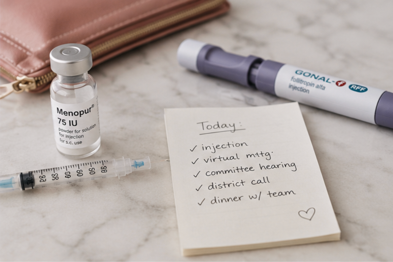 Fertility medication and a daily task list showing the stress of balancing egg freezing treatment with work.