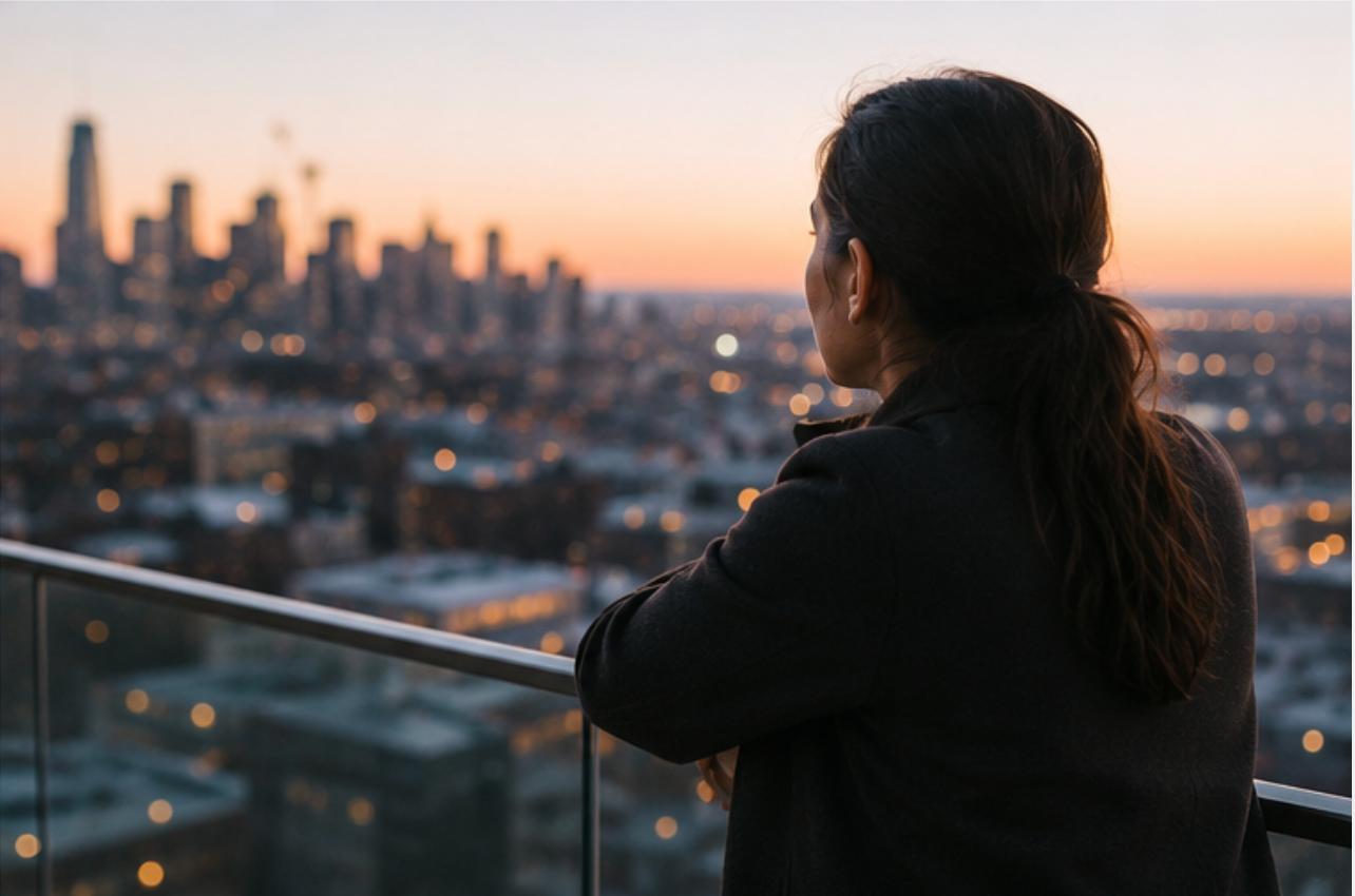 Woman sitting by a window, reflecting on fertility anxiety before planned egg freezing.