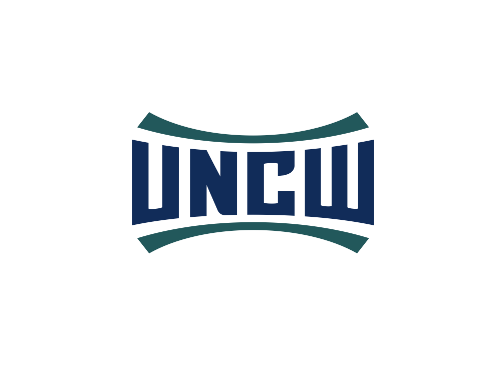 UNCW logo with dark blue letters between two dark green curved lines