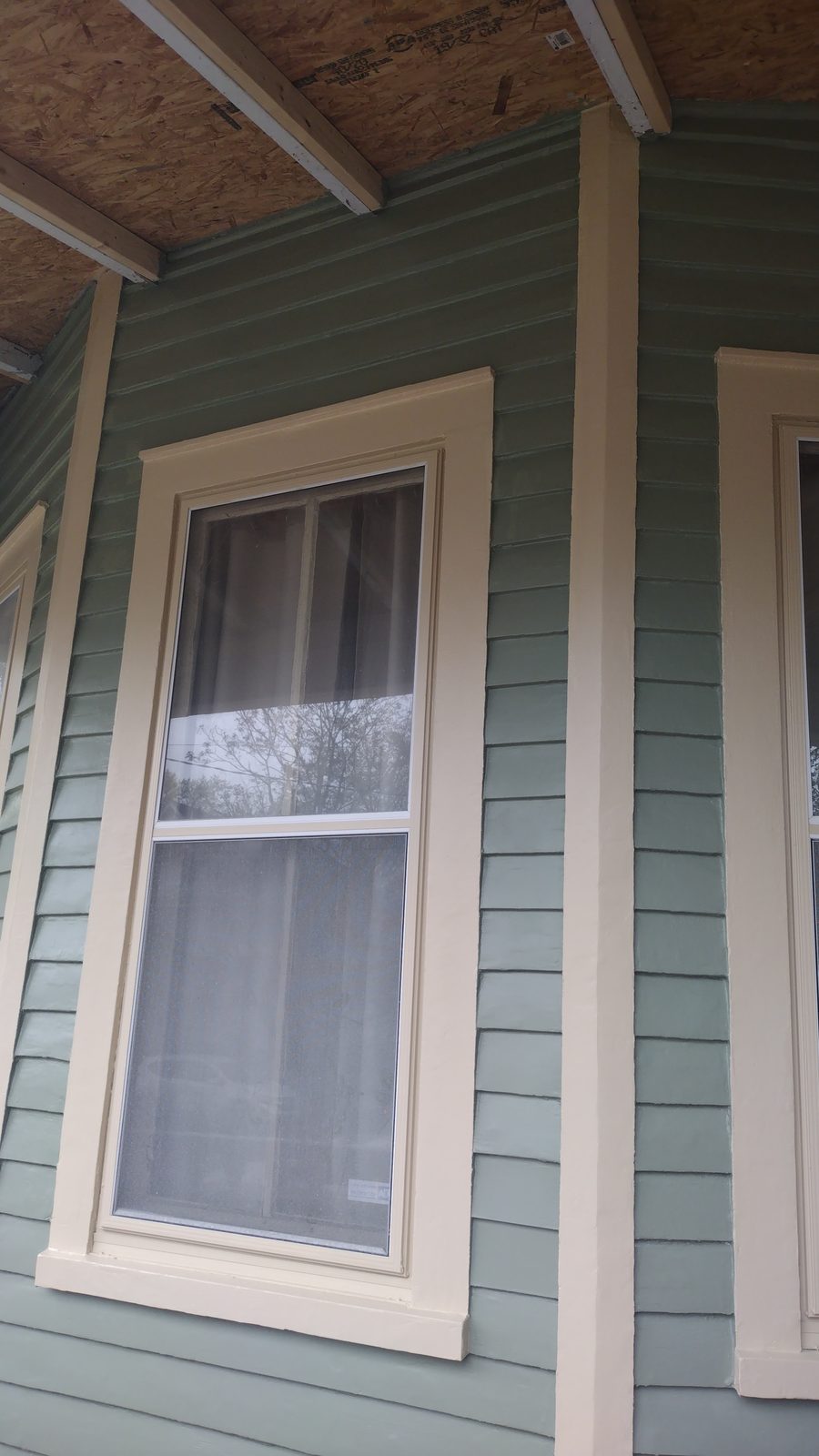 Double-hung window with crisp white trim against sage green clapboard siding