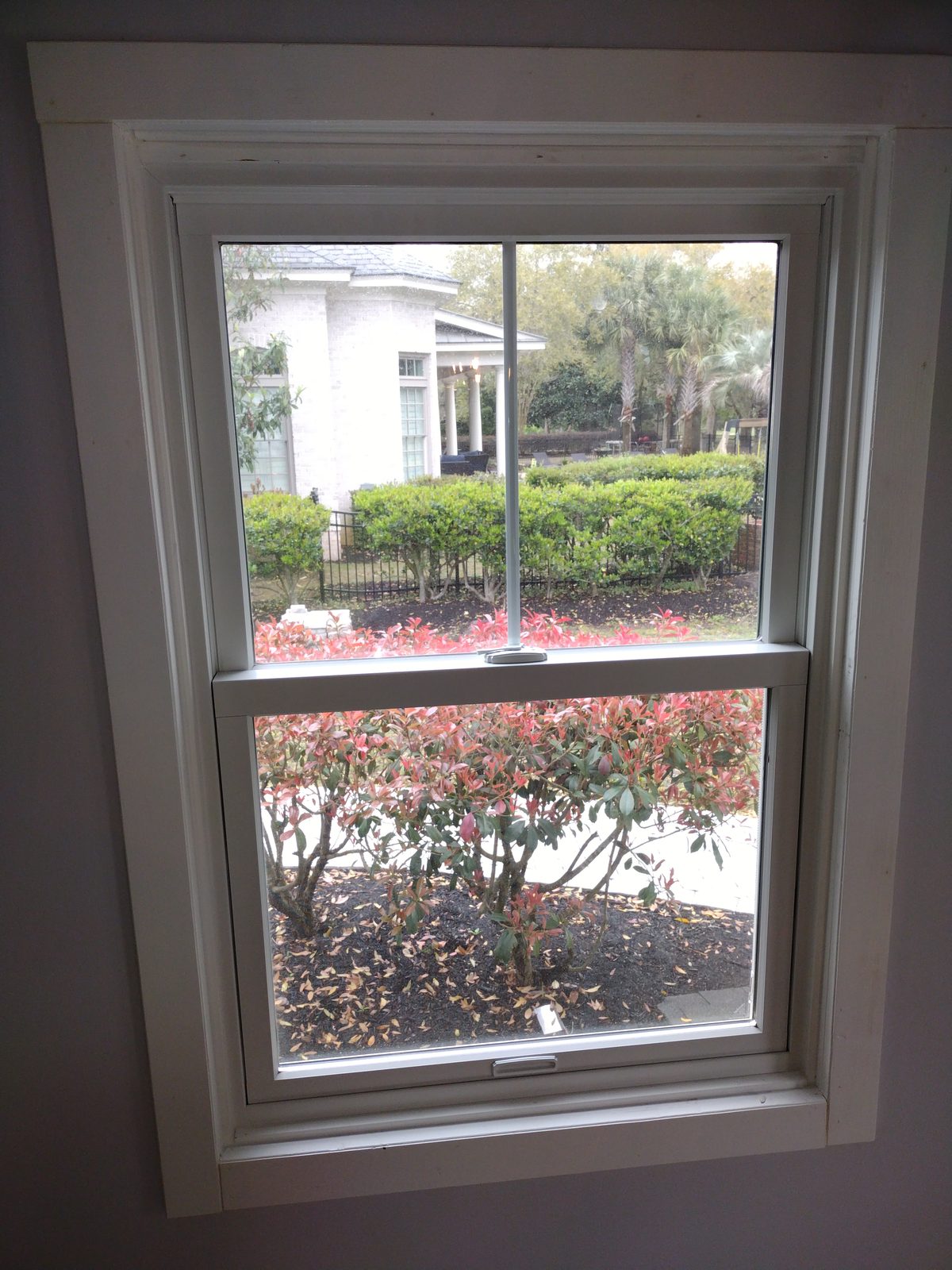 Double-hung window with freshly painted white casing and stool
