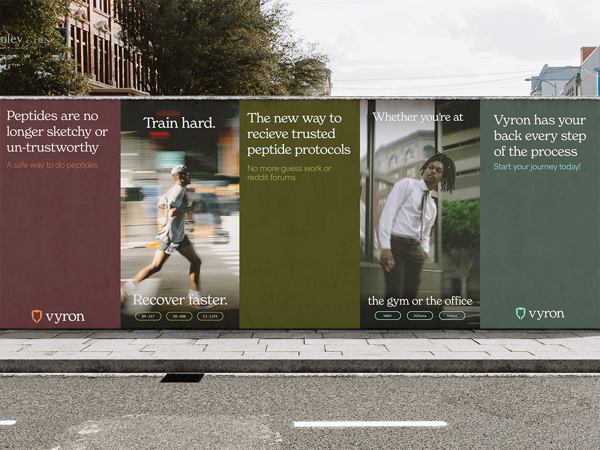 Five-panel Vyron street campaign promoting trusted peptide protocols for athletes and professionals