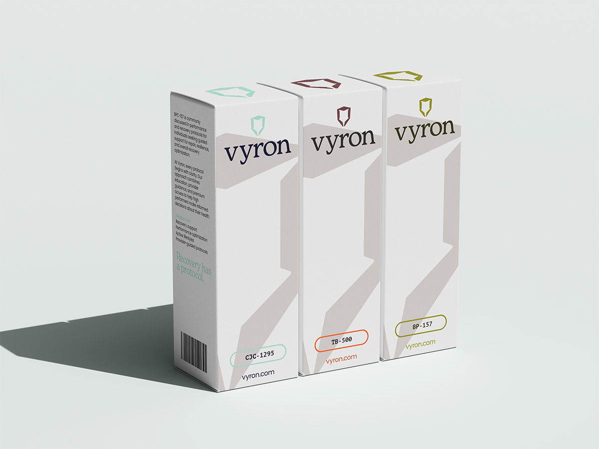 Three Vyron peptide product boxes with color-coded packaging