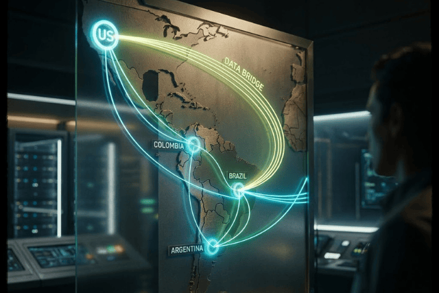 A LATAM map is visualized as a vibrant tech hub, with glowing neon blue and green lines representing connectivity emerging from Argentina, Brazil, and Colombia