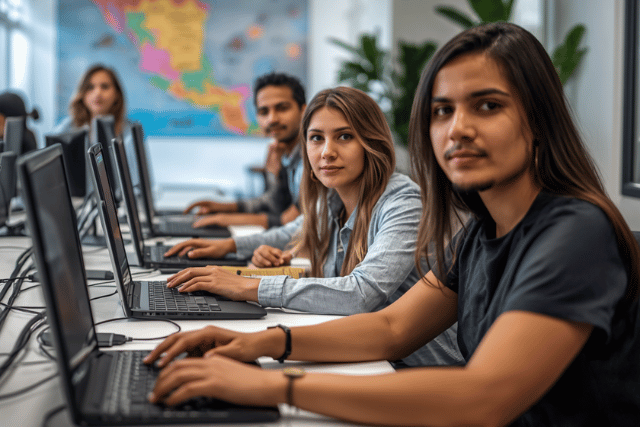 A team of software engineers using laptops side by side in a modern room, looking engaged and ready to collaborate. A map of LATAM in background