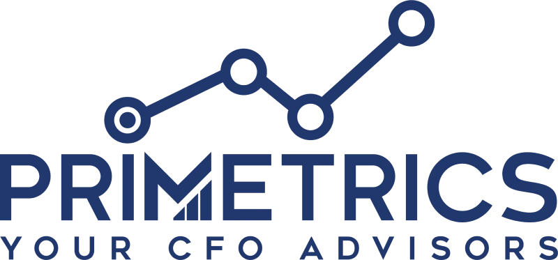 A blue and white logo with the words primetrics on it.