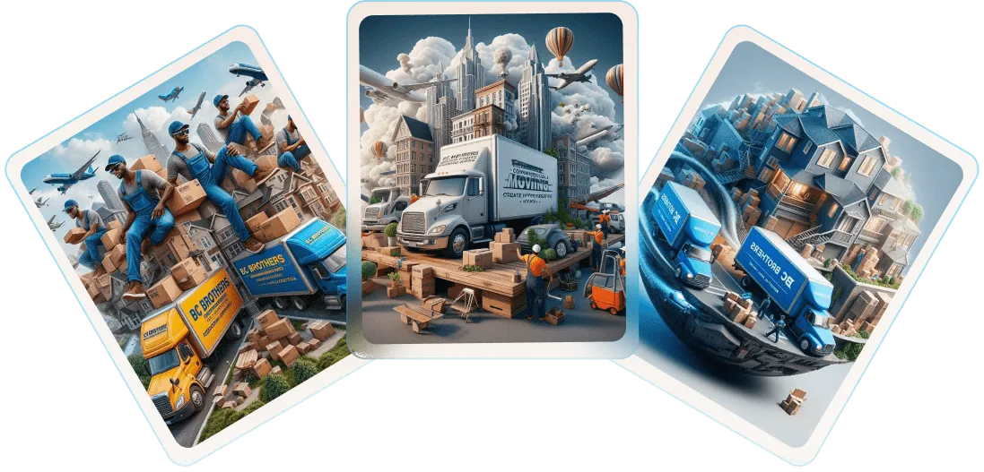 BC Brothers Moving hero illustration showing branded moving trucks and boxes in a busy neighborhood scene