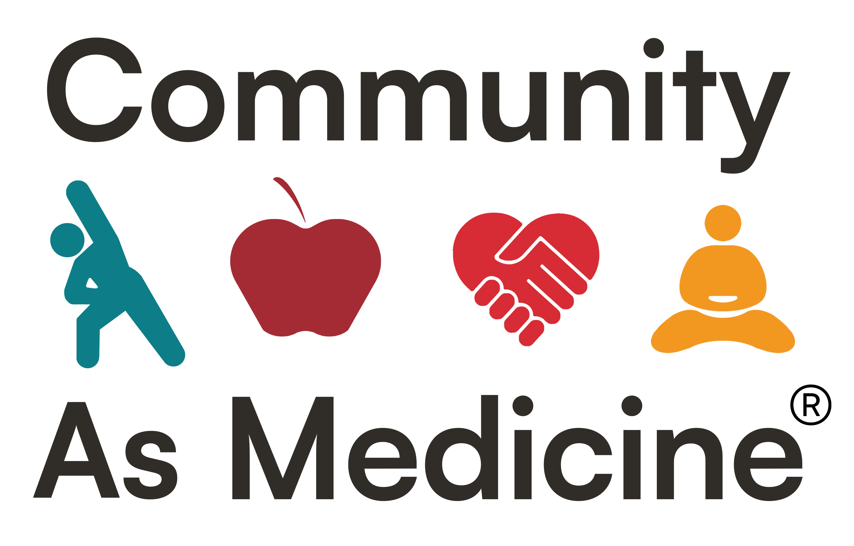 Community As Medicine text with images of a person moving, an apple, a heart formed with two hands, and a person meditating