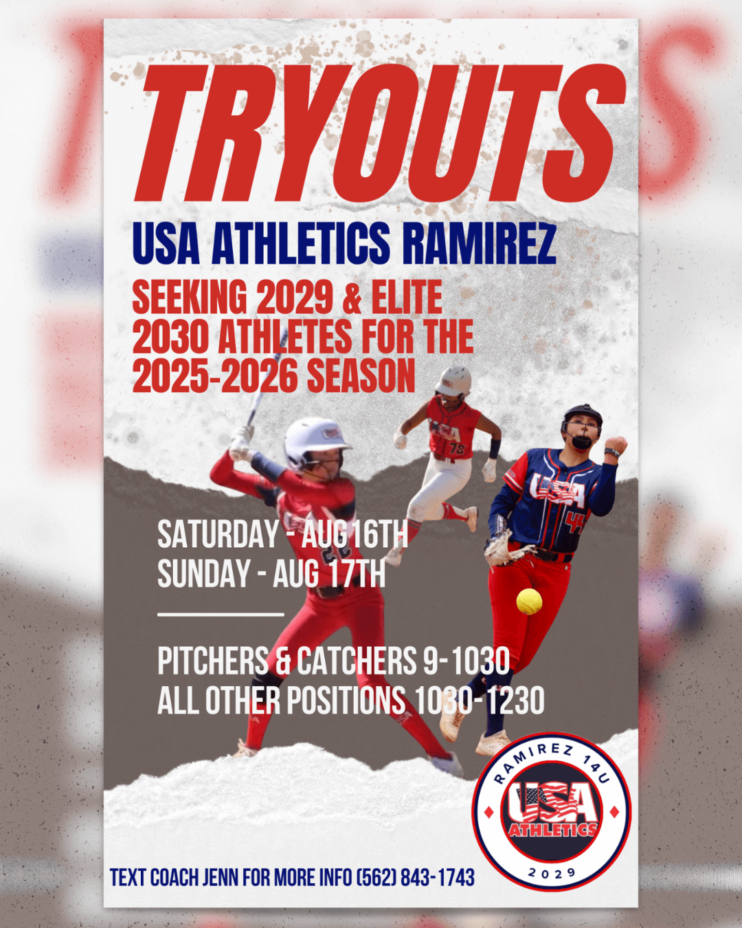 USA Athletics Ramirez 14U Tryouts are August 16–17 for 2029 & 2030 Travel Softball Athletes