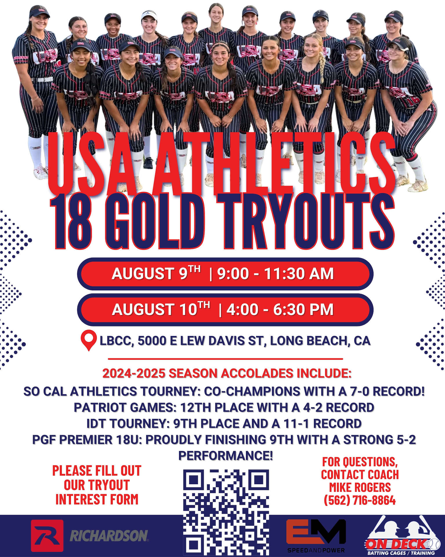 USA Athletics 18 Gold Tryouts – August 9 & 10 at LBCC, Long Beach