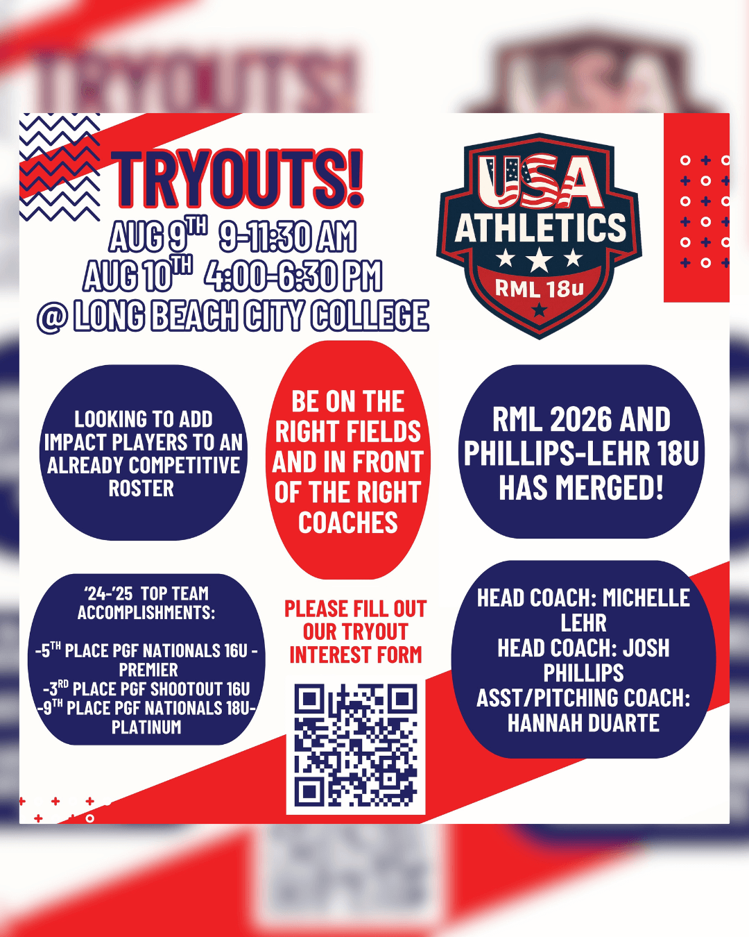 USA Athletics RML 18U Tryouts – Impact Players Needed, Aug 9 & 10 at Long Beach City College