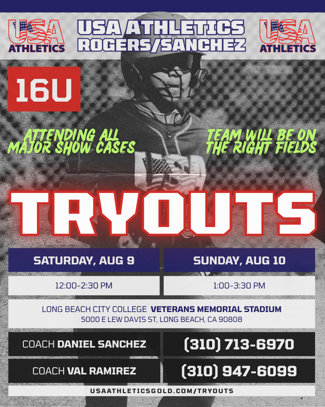 Rogers/Sanchez 16U Tryouts – Aug 9 & 10 at LBCC Veterans Memorial Stadium