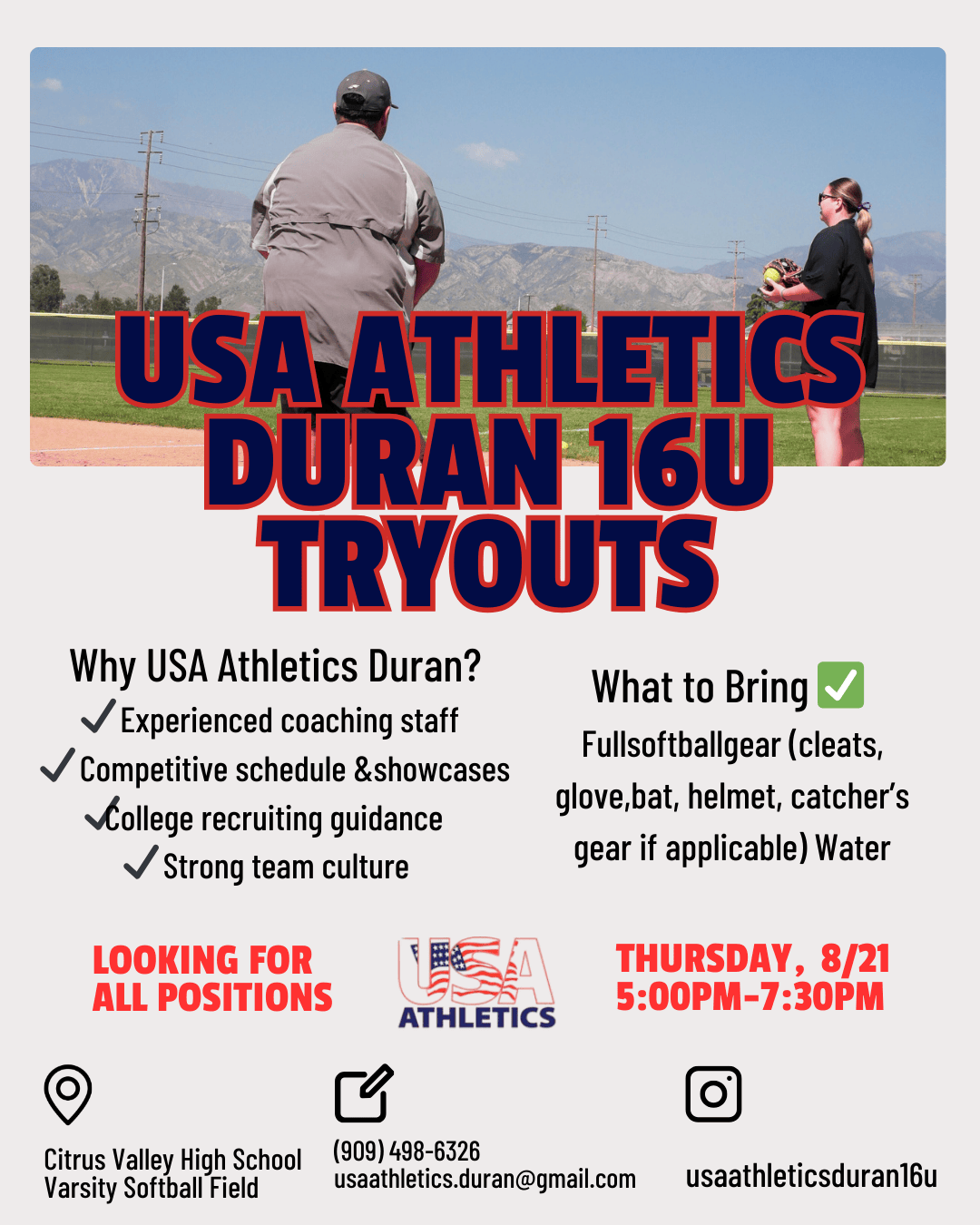 USA Athletics Duran 16U Tryouts – August 21 at Citrus Valley High School