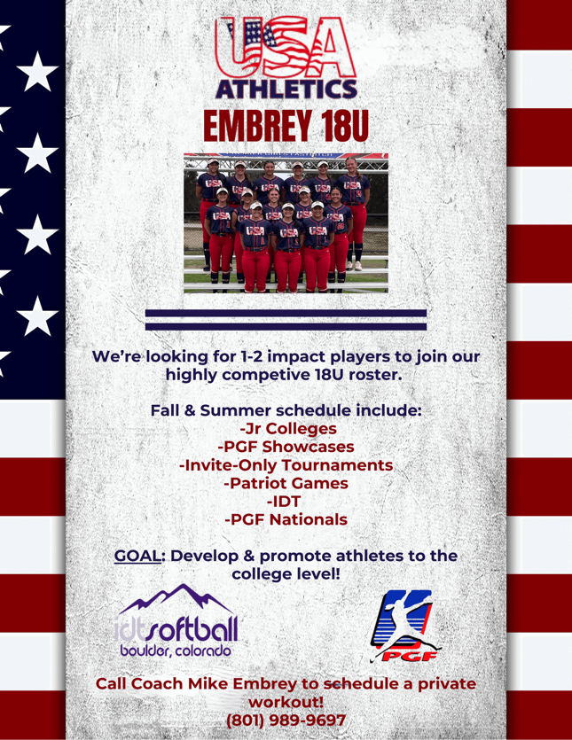 18U Elite Softball Team Tryouts - Embrey USA Athletics | Competitive College Prep Program