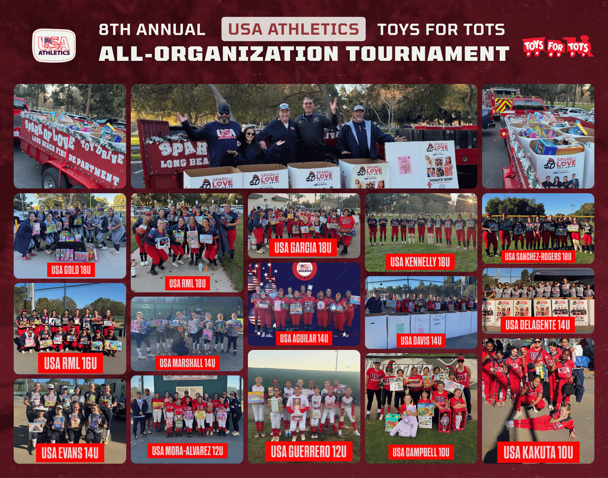 USA Athletics hosted its 8th Annual Toys for Tots Tournament at El Dorado Park, collecting toys for the Spark of Love Toy Drive benefiting Long Beach families