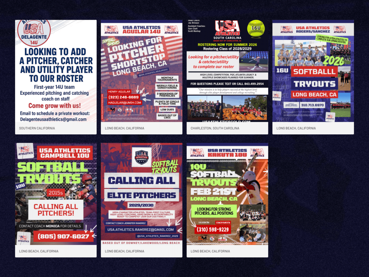 2026 tryouts for 10U, 14U, and 16U teams in Southern California and South Carolina. Seven teams seeking players for spring and summer seasons.