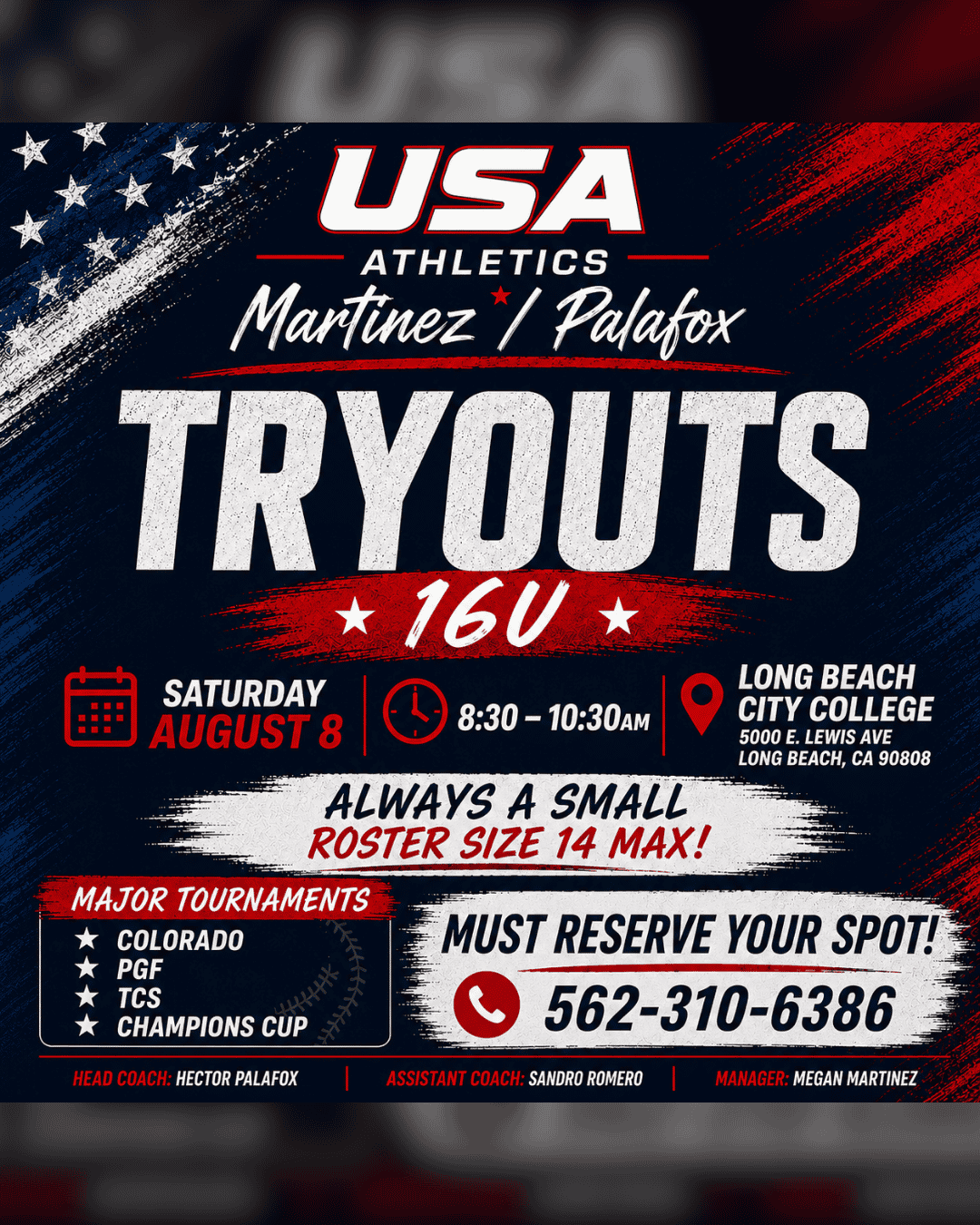 USA Athletics Martinez / Palafox 16U Tryouts Sat, Aug 8 at LBCC!
