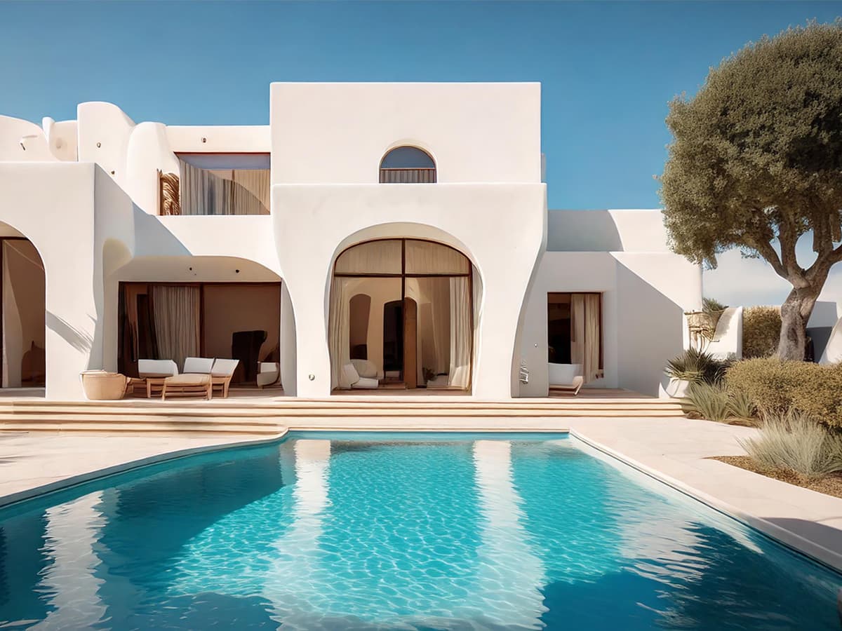 Renovated Ibizenco Finca with outdoor pool, glass entrance, and white natural colors.